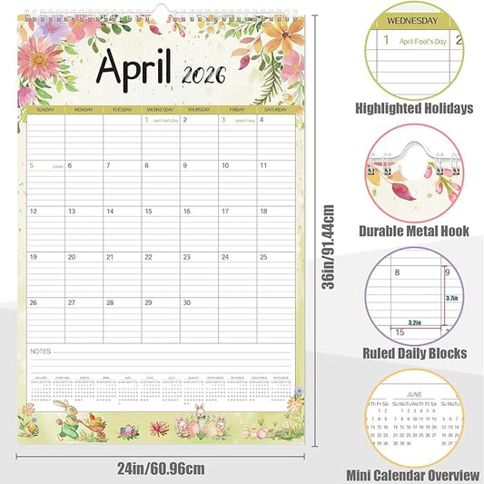 GuassLee Extra Large Wall Calendar 2026,36"x 24" Vertical Jumbo Hanging Wall Planner, 24-Month Aesthetic Large Calendar Jan. 2026 to Dec. 2027 with Thick Paper Watercolor Design for Easy Organizing