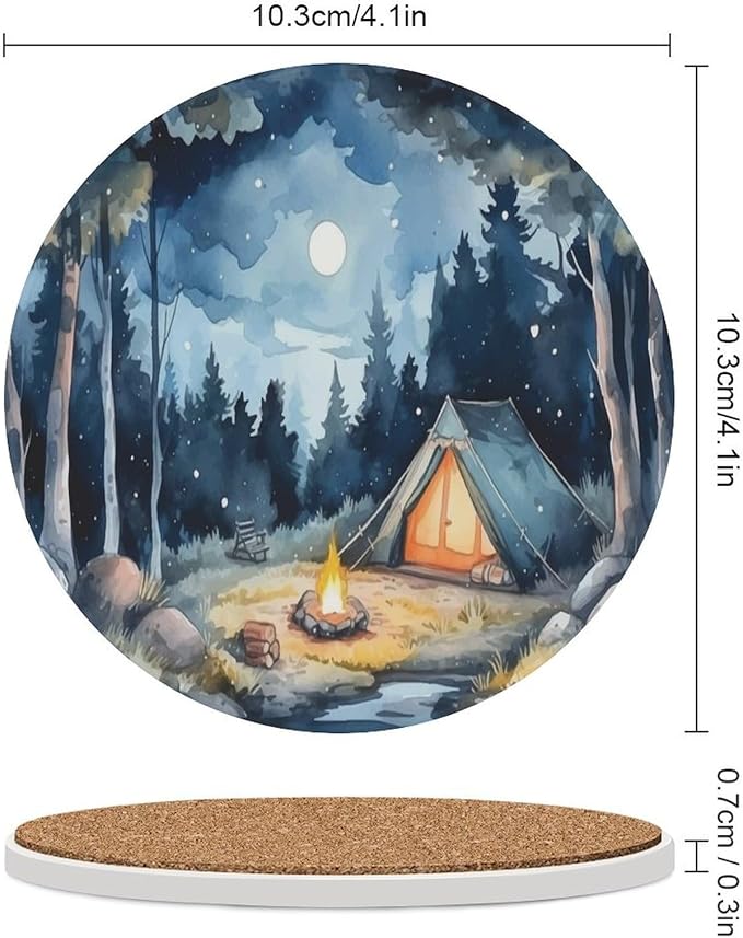 Round-6PCS Forest Ceramic Coasters, Round Absorbent Drink Coasters, Watercolor Mountain Forest Nature Tree Woodland Camping Ceramic Table Coasters for Coffee, Beverage, Wine, Beer Coasters
