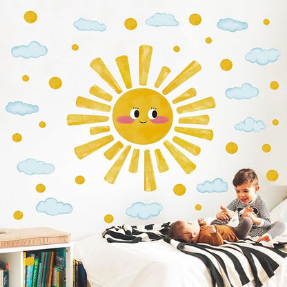 Large Sun Wall Decals Watercolor Cloudy Wall Stickers for Kids Room, Smile Sun Polka Dots Clouds Wall Decor Stickers Peel and Stick Art Murals Decorations for Nursery Classroom Bedroom