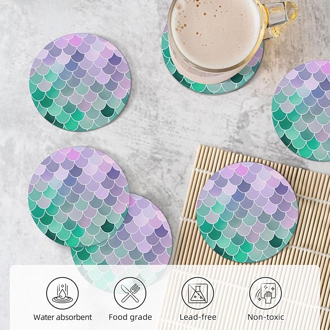 6 Pcs Ceramic Coasters with Holder Absorbent Drink Round Teal Pink Mermaid Fish Scales Design for Home Table Coffee Cup Wine Beer Bar,Size 4.4 inches