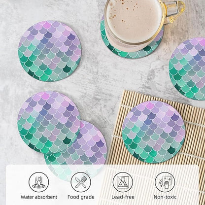 6 Pcs Ceramic Coasters with Holder Absorbent Drink Round Teal Pink Mermaid Fish Scales Design for Home Table Coffee Cup Wine Beer Bar,Size 4.4 inches