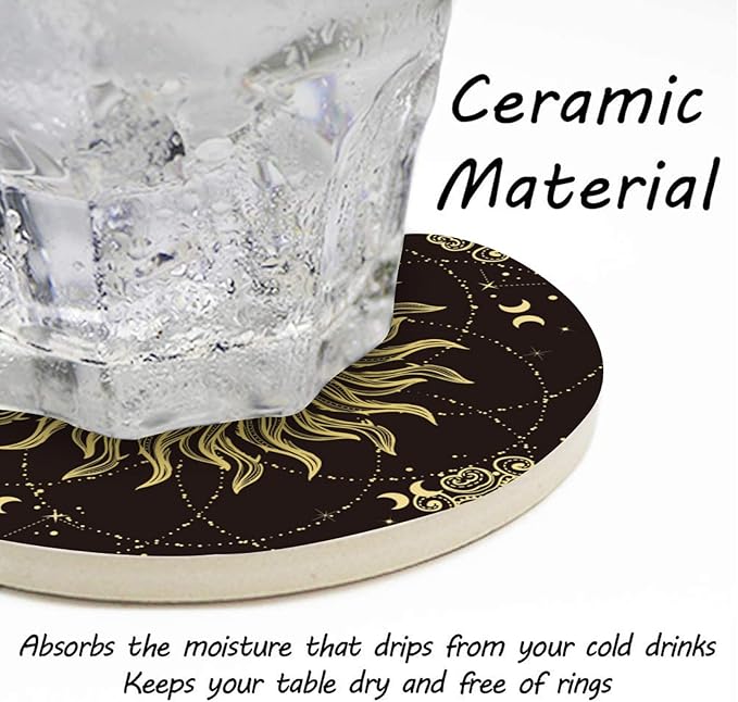 Coasters Set of 6 Tarot Style Pattern Ceramic Drink Coaster with Cork Base Modern Style Coasters for Mugs and Cups Office Kitchen 4 in