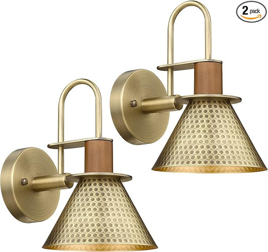Brass Wall Sconces Set of Two, HWH Industrial Wall Light Fixtures Gold Barn Light, Single Wall Lamp for Bedroom Bedside Bathroom Kitchen, Hammered Metal Shade, Antique Brass, 5HZG74B-2 BG