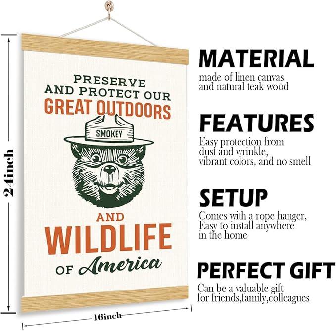 YGSDZY Rustic Hanging Canvas Poster, Preserve and Protect Our Great Outdoors and Wildlife of America Poster, Outdoorsy Wall Art, Cabin Decor, Canvas Art for Fishing Hunting Camp, 11.8 * 15.7