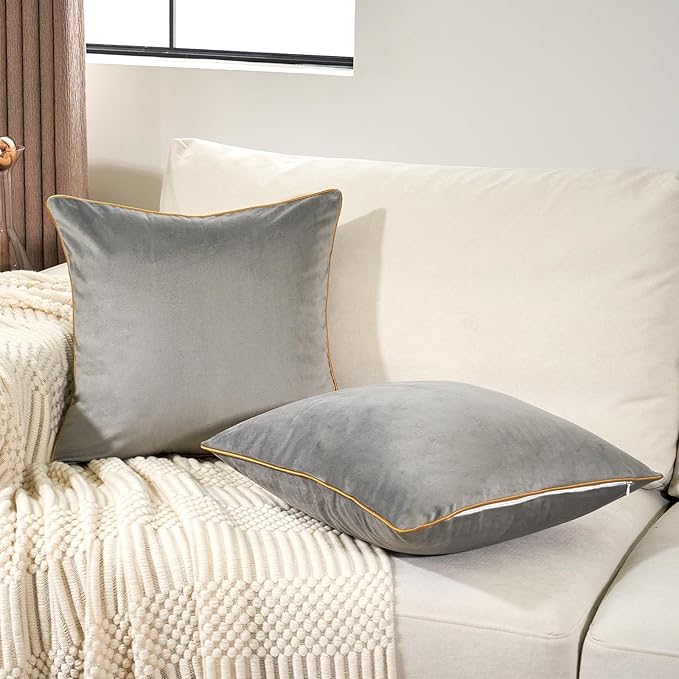 Aeckself Pack of 2 Gray Velvet Pillow Covers 24 x 24 Inch, Large Modern Luxury Decorative Pillowcase with Gold Trim Edge, Comfortable Soft Solid Cushion Case for Couch Bedroom Living Room
