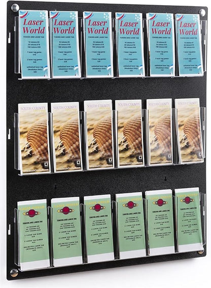 Displays2go Wall Mount Acrylic Brochure Holder, 9-18 Adjustable Pockets, Tiered Design - Black (2RP9BLK)