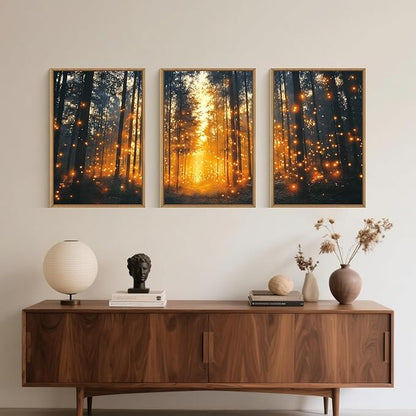 Magical Firefly Forest Framed Canvas Wall Art Set,Enchanted Night Nature Mystical Woodland Wall Decor,Whimsical Orange Twinkling Black Tree Art Print for Living Room, Bedroom, Office- 16"x24"x3