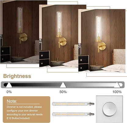 Brass Wall Sconces Set of Two with White Lights, 19.48'' Brushed Brass Knurled Bathroom Sconces Wall Lighting Vanity Light with Clear Glass for Living Room Mirror Bedroom Stairs