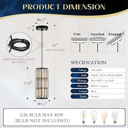 Black Crystal Pendant Light for Kitchen Island, Modern Mini Hanging Light Fixture with Adjustable Cord, 1-Light Farmhouse Pendant Lighting for Dining Room, Bedroom, Hallway, Bar