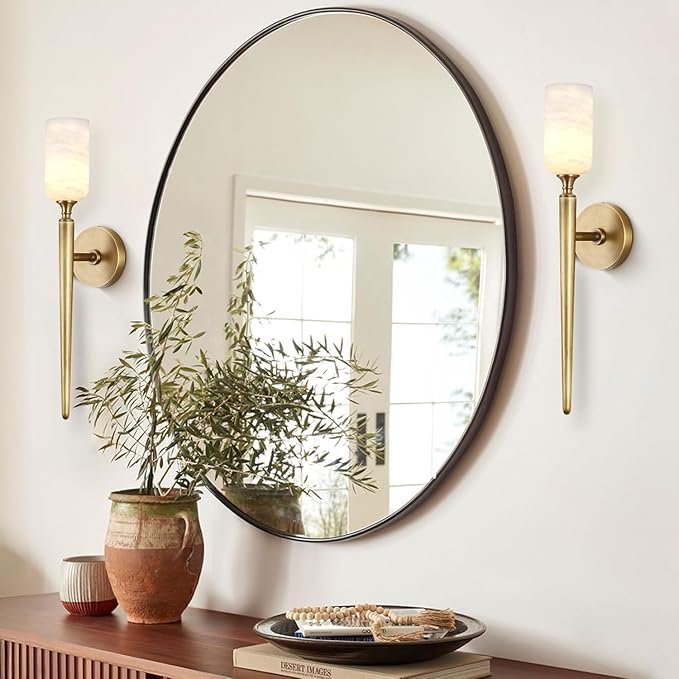 Alabaster Wall Sconces Set of Two, 22in Modern Spanish Natural Marble Bathroom Vanity Sconces, Brass Alabaster Sconce Wall Lighting, Gold Wall Light Fixtures Decor for Bedroom Living Room Staircases