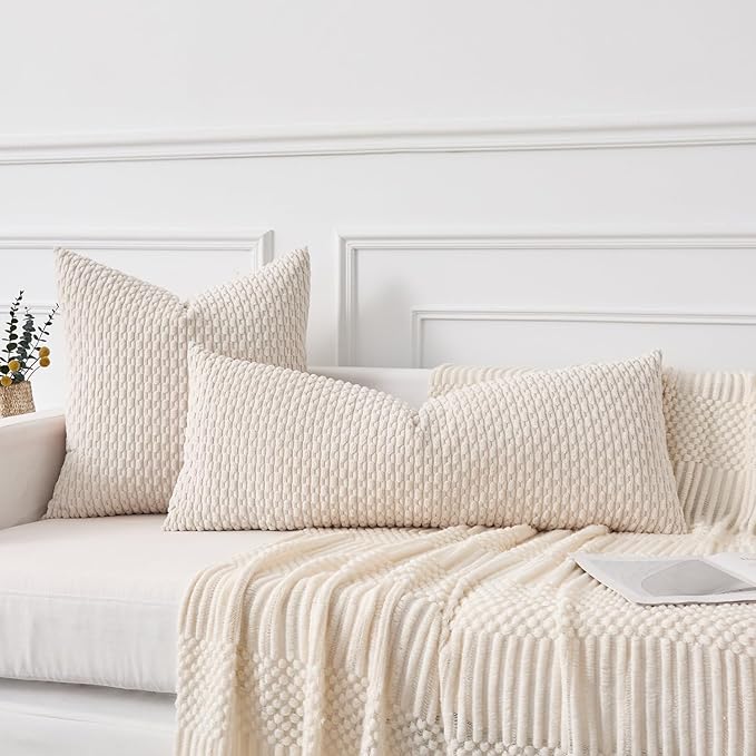 Kevin Textile 14x36 Inch Long Lumbar 1 Pack Boho Decorative Throw Pillow Cover Soft Striped Corduroy Rectangle Cushion Case Farmhouse Solid Color Accent for Living Room Couch Sofa Bed, Cream White