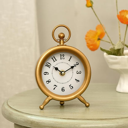 Small Gold Desk and Shelf Clock, 4.7*7.3 Inch Retro Elegant Tabletop Clock with Glass Cover, Silent Non-Ticking Battery Operated Decorative Clock for Living Room, Office, Bedroom, Gift Idea
