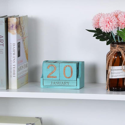Wooden Desk Calendar,Desk Calendar Blocks for Teachers,Office Perpetual Date Block Small Home Desktop Decor Chic Vintage Month with Number Cubes Display Rustic Decoration(Ocean Blue)
