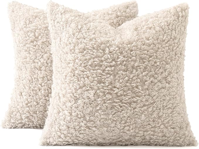MIULEE Pack of 2 Faux Fur Throw Pillow Covers 20x20 Inch Neutral Light Beige Boucle Decorative Sherpa Pillow Covers Fuzzy Accent Soft Sheepskin Fleece for Boho Home Decor Couch Living Room Bed