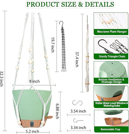 Hanging Planter for Indoor Plants 8 Inch, 2 Pack Self Watering Hanging Baskets for Plants, Hanging Flower Pots with Drainage Hole & 2 Kinds of Plant Hangers for Garden Home Decor (Green, 8 inch)