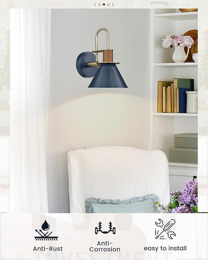 Industrial Wall Sconces Set of Two, HWH Indoor Wall Sconce 1-Light Barn Vanity Light, Hammered Wall Lamp for Bathroom Bedroom Bedside Kitchen, Hammered Metal Shade, Navy Blue Finish, 5HZG74B-2 BL+BG
