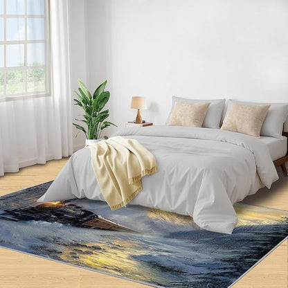 Train 5x6 Area Rugs,Forest and Mountains Bedroom Rug Winter Landscape Non-Slip Washable Rug for Living Room Nursery Kitchen Low-Pile Carpet