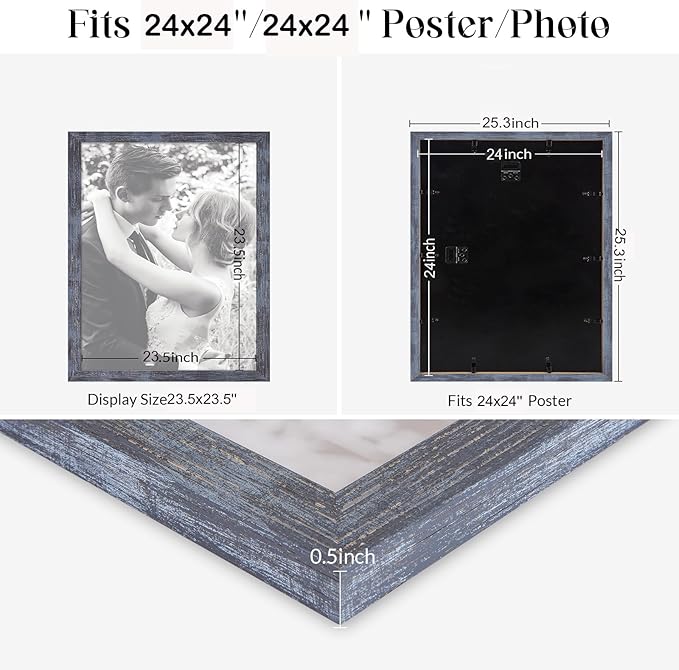 24x24 Frame Rustic Blue, 24x24 Picture Poster Frame, Horizontal Vertical Hanging, 24 by 24 Wall Gallery Family Concert Portrait Photo Frame Anniversary/Birthday/Wedding/Thank you/Christmas Gift
