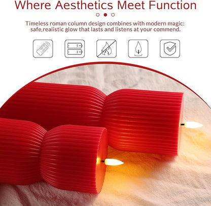 Red Ribbed Flameless Pillar Candles with Remote, Battery LED Wax Candles Flickering Valentines Day Decor Gift Set of 2