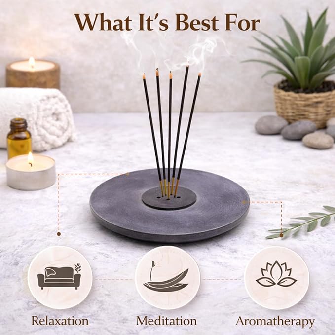 Handmade Natural Grey Marble Incense Stick Holder - Round Incense Burner With Multiple Holes For Incense Sticks. Decorative Ash Catcher For Home and Office Decor. (4 inch Diameter, Grey)