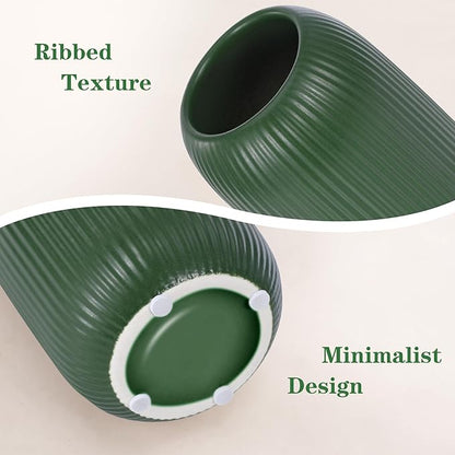 Ceramic Vase for Flowers – Modern Small Ribbed Textured Flower Vase for Home Decor, Pampas Grass, Decorative, Farmhouse, Coffee Table, Kitchen Centerpieces, Bookshelf and Home Living(Green)