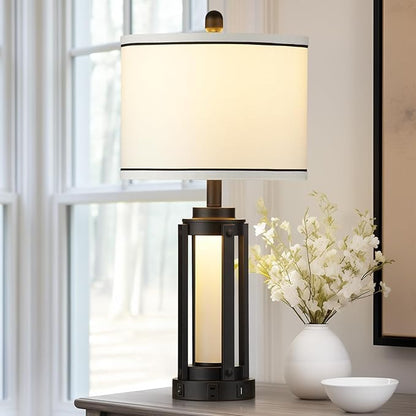 26" Modern Table Lamp with USB A+C Charging Ports & AC Outlet, Industrial Beside Contemporary Lamp Glass LED Night Light for Living Room Bedroom Nightstand End Table Single Black(2 Bulbs Included)