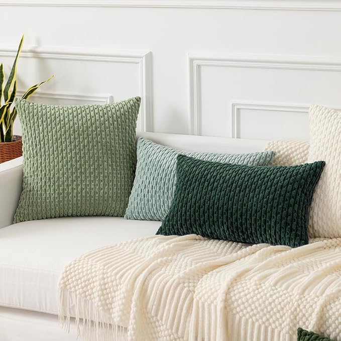 Kevin Textile Christmas Decorative Pillow Covers Set of 2 Striped Plush Corduroy Rectangle Lumbars Boho Home Decor Cushion Covers for Couch Sofa Bed Living Room 12x20 Inch, Army Green