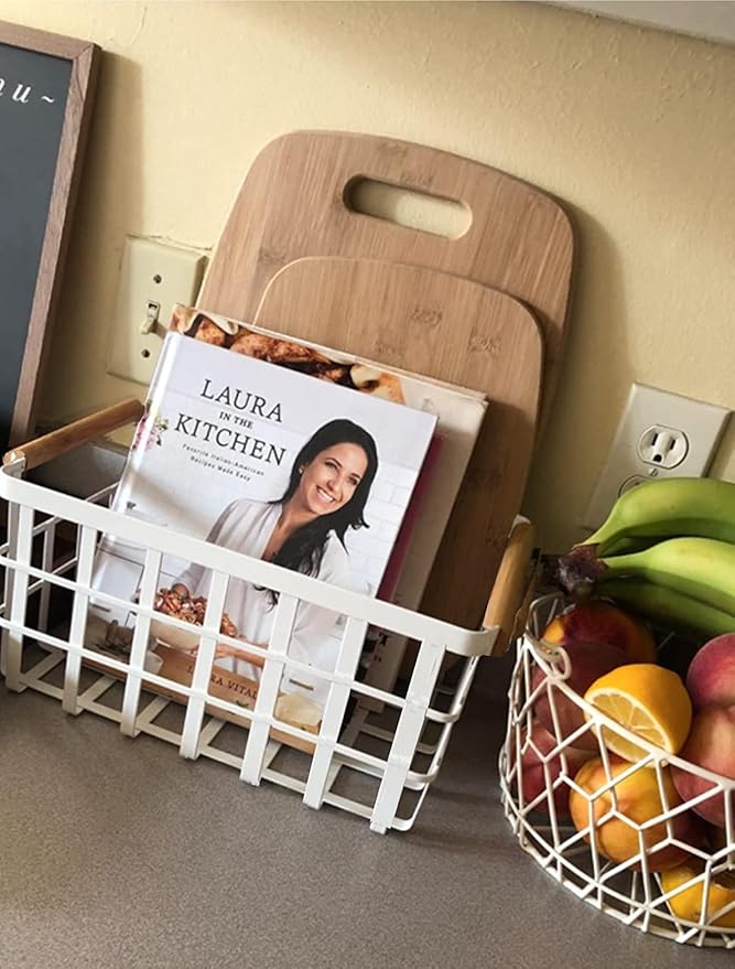 Wire Metal Baskets Storage Organizer Farmhouse Baskets with Wood Handles for Pantry Cabinets Store Fruit, Coffee, Spices, Pasta, Baking Supplies - White