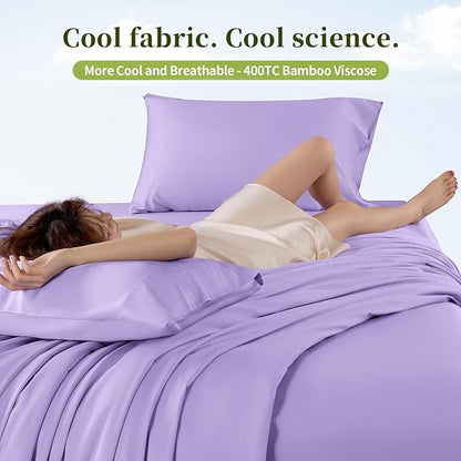 Shilucheng 100% Viscose Derived from Bamboo_ Sheets King Size 4pcs - Ultra Cooling & Silky Soft Bed Sheets, 16" Deep Pocket, Perfect for Hot Sleepers, Hotel Bedding Sheets (Lilac)