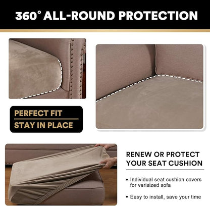 PrinceDeco Velvet Sofa Cushion Covers, Stretch Couch Cushion Covers for Individual Seat Couch Slipcover Sets Furniture Protector for Loveseat Sofa Cushion Width Up to 29.5", Taupe