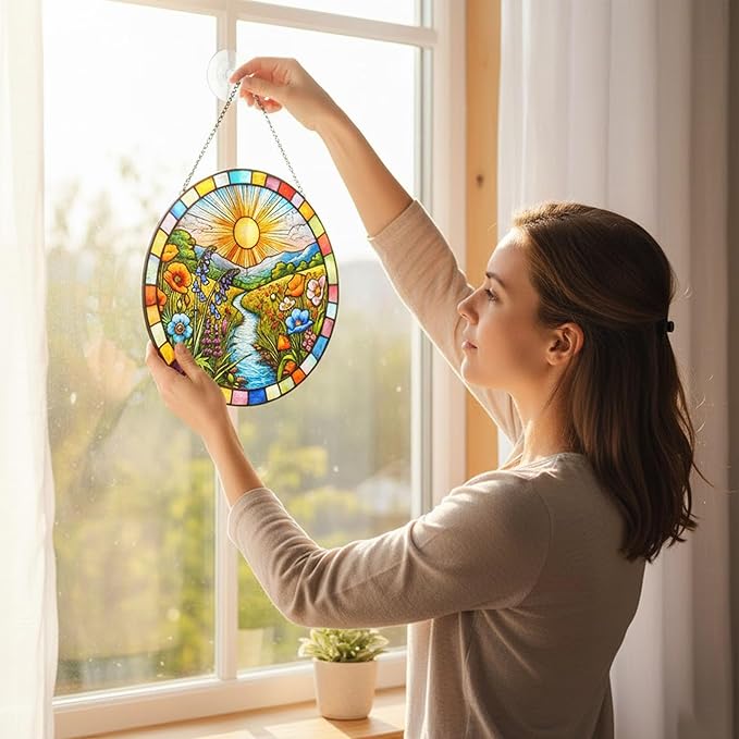 Stained Glass Window Hanging, Scenery Sun Catchers Stained Glass Panels for Indoor Windows Wall Art Decor, Birthday Gift for Mom Women Wife Men Lovers (7.87inch)