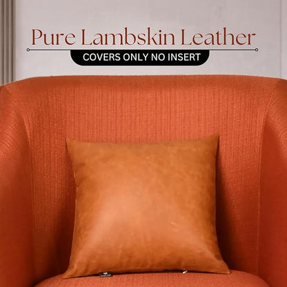 LL LEATHER LOVERS Genuine Lambskin Leather Pillow Cover, 14x14 Inch Case for Lumbar Throw Couch Pillows, Thick & Soft Cushion Covers for Sofa Bed Home Décor (Caramel Brown Pack of 1)
