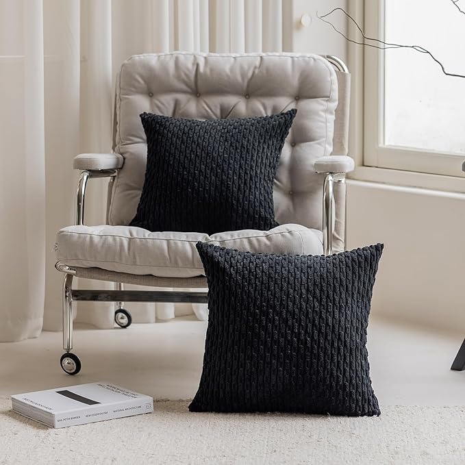 Kevin Textile 2 Packs Decorative Pillow Covers for Couch Outdoor Pillows Cover Boho Striped Velvet Pillow Covers Set of 2 40cm x 40cm 16 x 16 Inch Black
