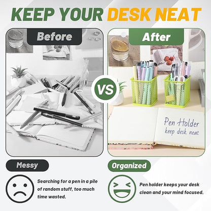 Segarty Pen Cup Holder, 6 Pack Square Light Green Pen Holder for Desk, Cute Mesh Pencil Cups Containers for Marker, Office Supply, School Students, Home, Desktop Accessories Storage Organizer