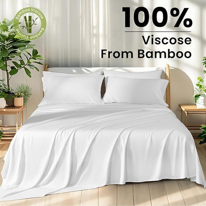 Shilucheng 100% Viscose Derived from Bamboo_ Sheets Cal King Size 6pcs - Ultra Cooling & Silky Soft Bed Sheets, 16" Deep Pocket, Perfect for Hot Sleepers, Hotel Bedding Sheets (White)
