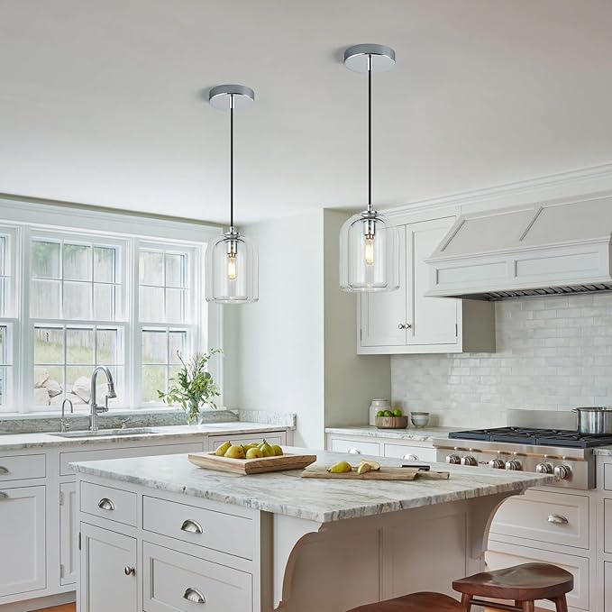 Modern Chrome Pendant Lights Kitchen Island Ceiling Chandelier Indoor Crystal Hanging Light Fixtures for Dining Room Kitchen Living Room Bedroom（2Pack）