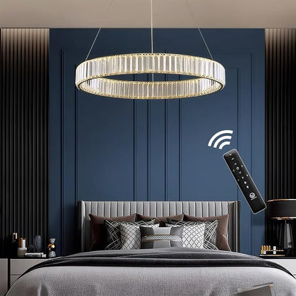 Modern Crystal Chandeliers with Remote, 3000-6000K 20in Gold Ring Pendant Light LED Dimmable Round Crystal Chandeliers with Remote for Living Room Dinning Room Bedroom