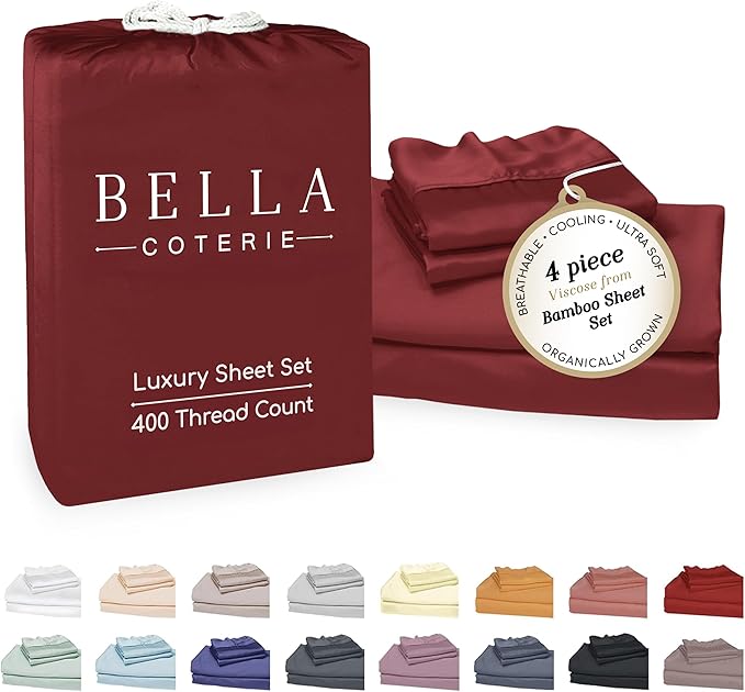 Bella Coterie Luxury Bamboo Viscose 34” Split Top King Size Sheet Set | 1 Fitted Sheet for Sleep Number & Adjustable Beds | 100% Organically Grown | Cooling & Soft | 18” Deep Pocket [Merlot]