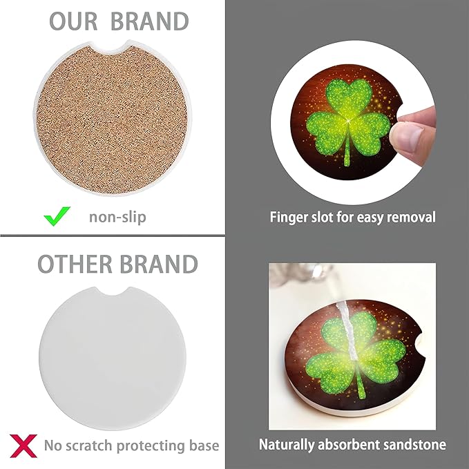 Green Clover Glitter Car Cup Holder Coaster,St. Patrick Day Car Coasters for Cup Holder,2 PCS Absorbent Insert Ceramic Car Assecories with Cork Back & Finger Notch for Women Men