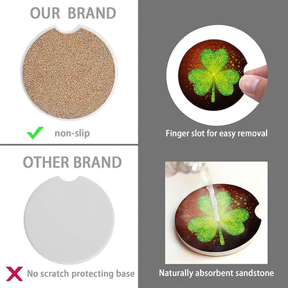 Green Clover Glitter Car Cup Holder Coaster,St. Patrick Day Car Coasters for Cup Holder,2 PCS Absorbent Insert Ceramic Car Assecories with Cork Back & Finger Notch for Women Men
