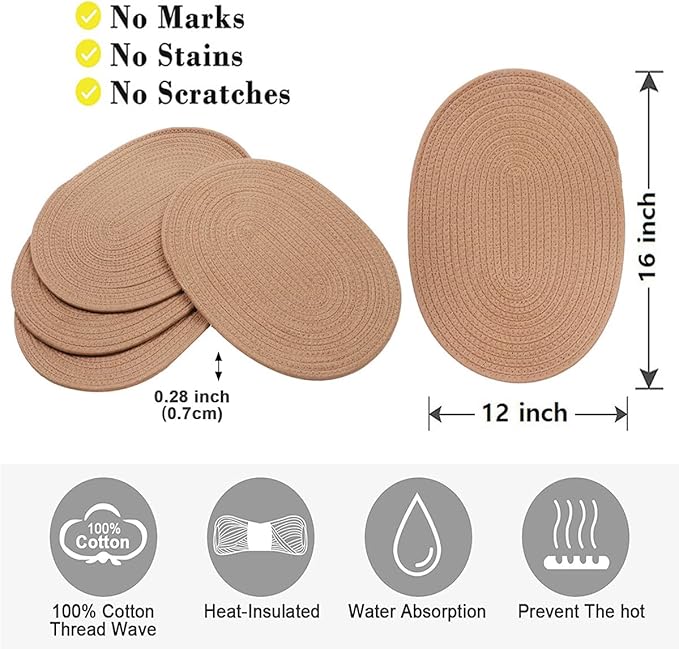 4 Pack Oval Woven Placemats, Jute Plate Chargers Rattan Woven Placemats 11.45x15.58‘’ Wicker Place mats Farmhouse Boho Braided Heat Resistant Outdoor Plate Mats Patio Tablemats for Dinning