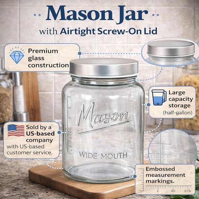 Kitchentoolz Half Gallon Glass Mason Jars with Extra Wide Mouth & Metal Lids - Airtight Food Storage & Canning Jars with Measurement Markings - 64 oz (4pk)