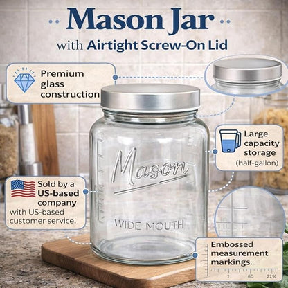 Kitchentoolz Half Gallon Glass Mason Jars with Extra Wide Mouth & Metal Lids - Airtight Food Storage & Canning Jars with Measurement Markings - 64 oz (4pk)