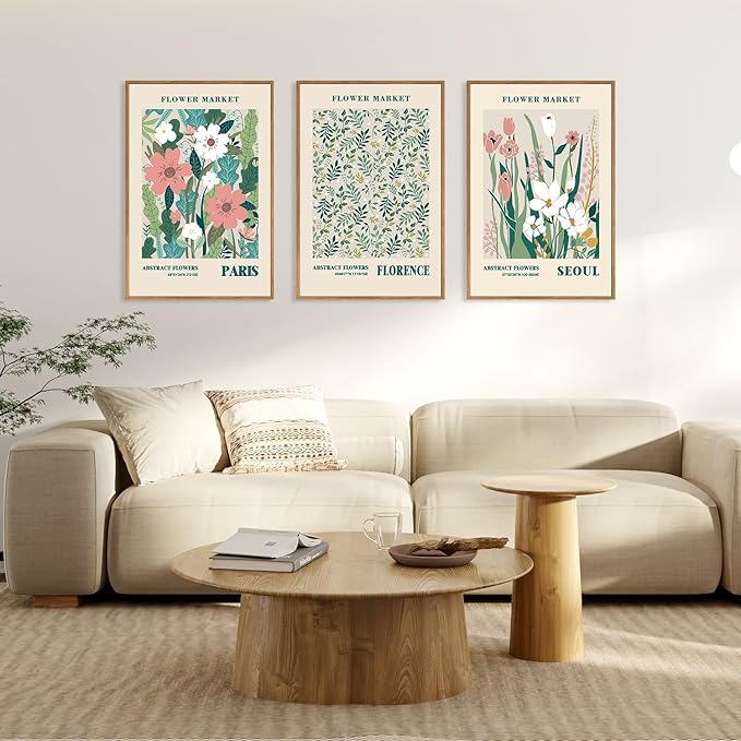 HLNIUC Flower Market Wall Art Prints, Boho Floral Wall Decor, Large Matisse Sage Green 24"x36" Framed Art Set of 3, Abstract Colorful Botanical Painting for Living Room, Bedroom, Office