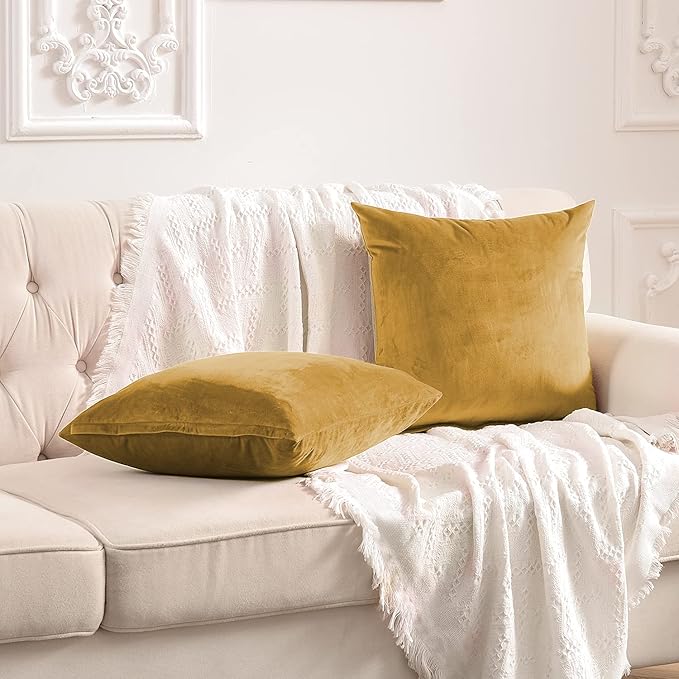 FY FIBER HOUSE Pack of 2 Velvet Throw Pillow Covers Decorative Pillowcase Soft Solid Cushion Cover, 16 x 16 Inch, Gold Yellow