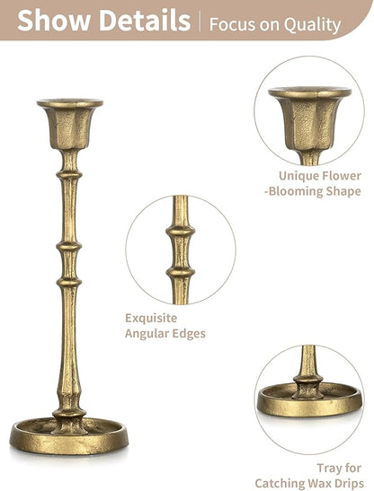 NUPTIO Cast Iron Candlestick Holders: Antique Brass Taper Candle Holders with Unique Drip Wax Aesthetics - Set of 3 Gold Candle Sticks Holder Fireplace Mantel Decor
