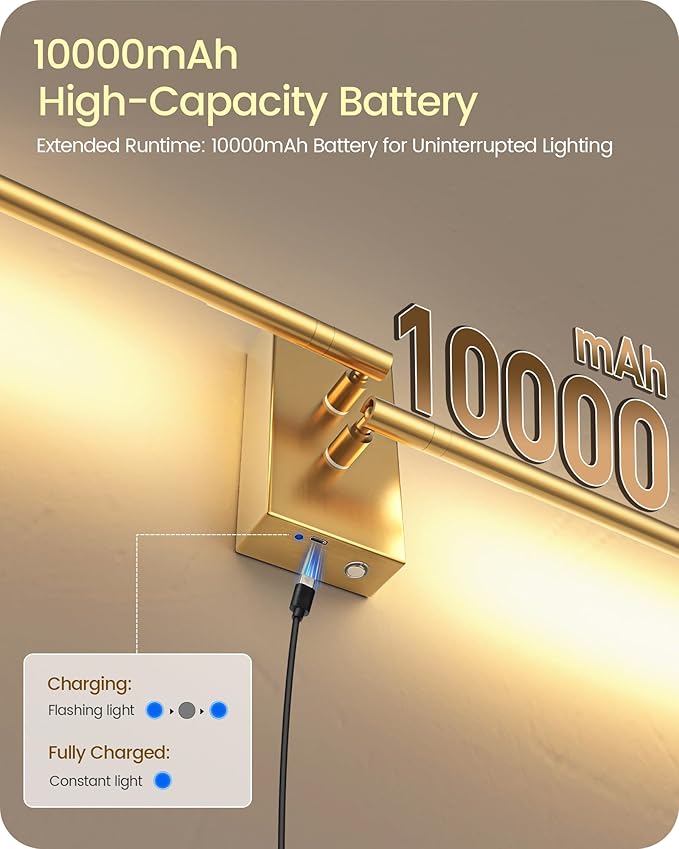 38.6" Wireless Battery Operated Wall Sconces Set of Two,Rechargeable Lamp with Remote, DIY Rotation, 10000mAh Battery, Touch Dimmable Lights for Living Room Hallway Bedroom, Gold D08YBP205