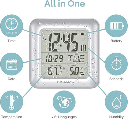 KADAMS Bathroom Clock 9.5" Kitchen Wall Clock with Large LCD Screen – Shower Clock with Suction Cup,Temperature, Humidity, Calendar – Water-Resistant, 4 Mounting Options, Silver