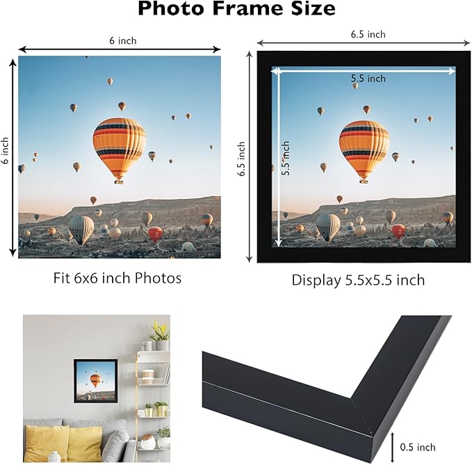 6x6 Picture Frame Set of 2 for Wall Hanging or Tabletop, 6 x 6 Square Wall Gallery Poster Photo Frame with Shatter Resistant Plexiglass, 2 Pack, Black