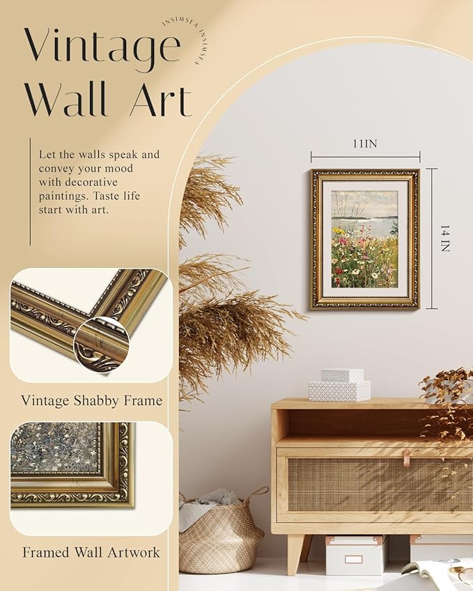 InSimSea Gold Framed Canvas Wall Art Room Decor Vintage Wildflower Field Landscape Decor Classical Floral Oil Painting Canvas Prints Coastal Flower Wall Decor for Living Room Bathroom Bedroom 11x14in